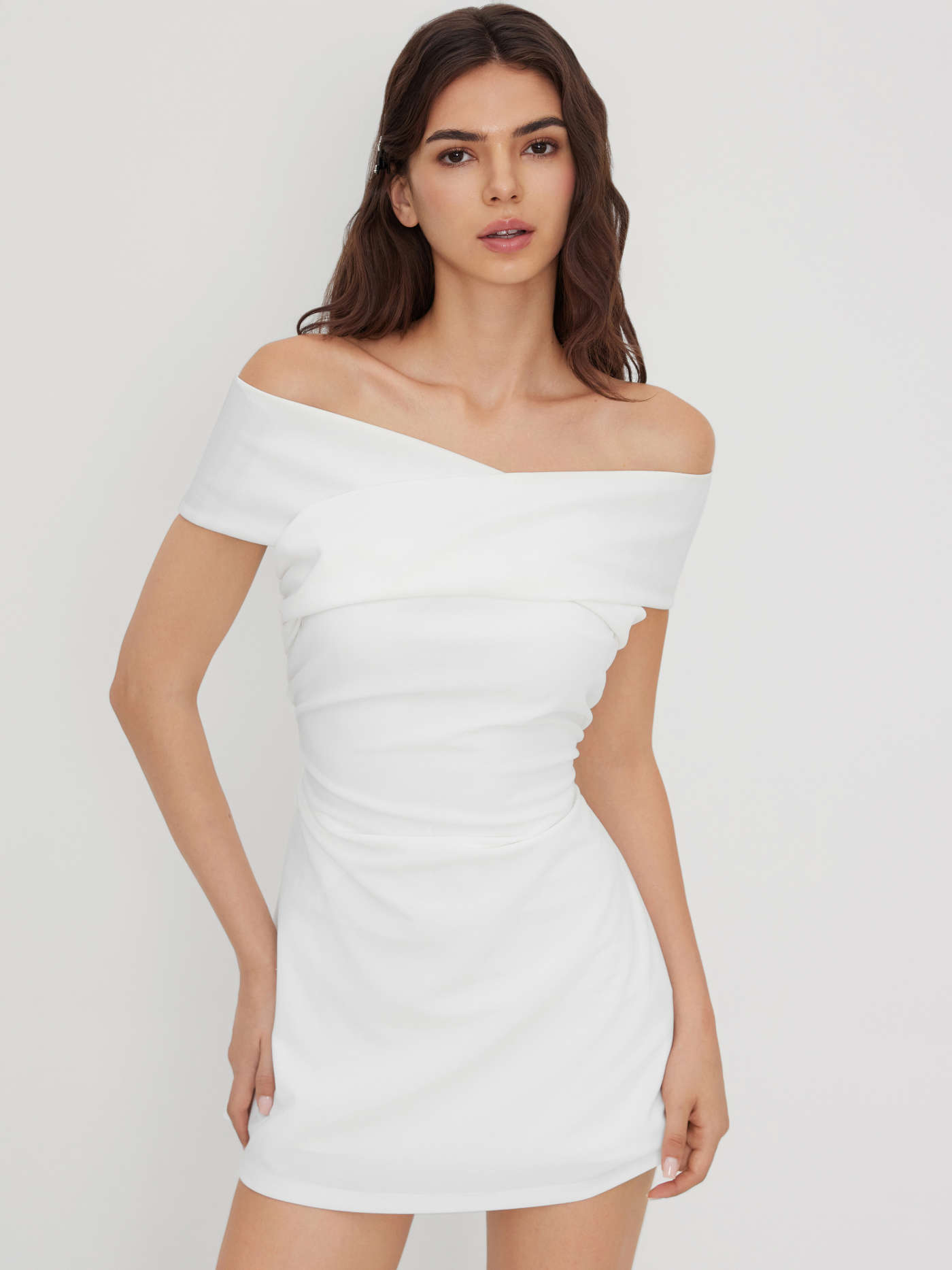 Off-shoulder Criss Cross Ruched Mini Dress