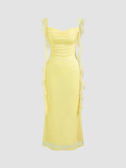 Mesh Square Neck Solid Drawstring Maxi Dress