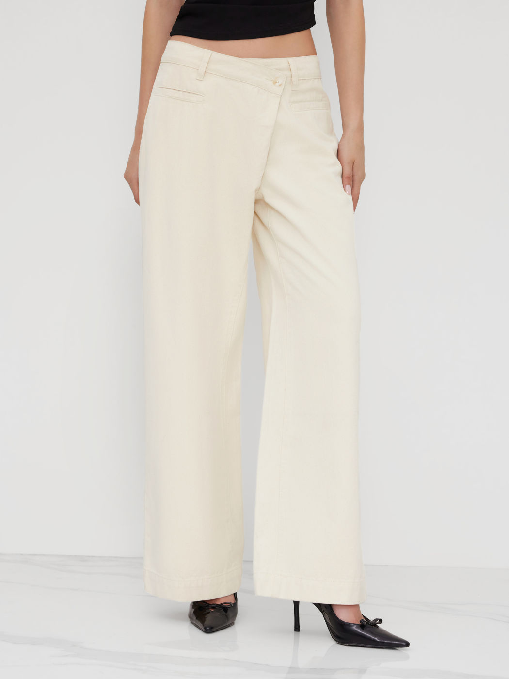 Cider Denim Mid Rise Asymmetrical Button Wide Leg Jeans