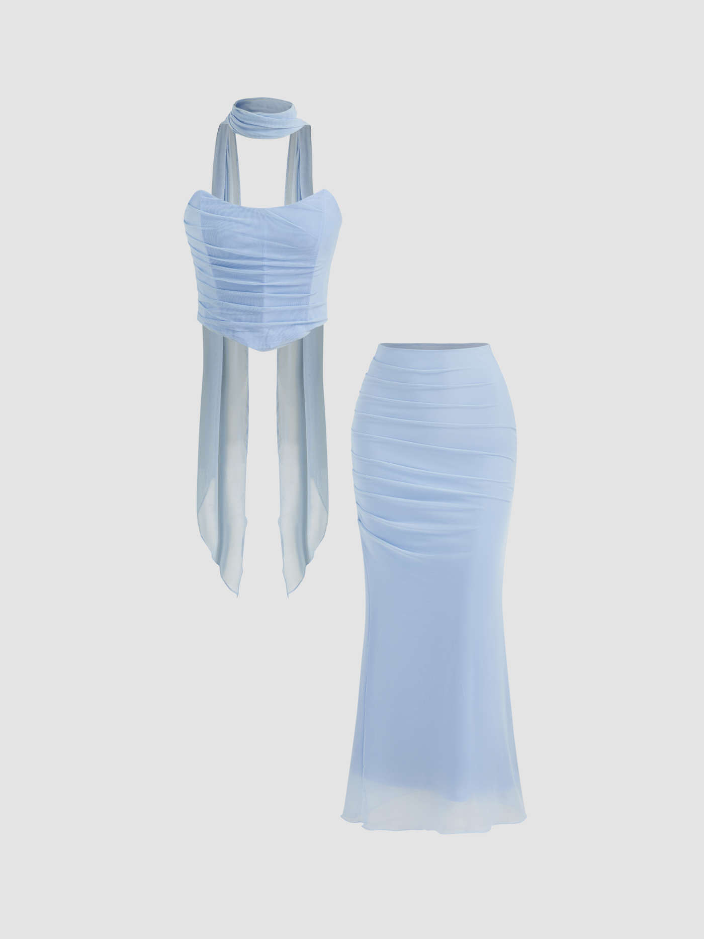 Mesh Halter Neckline Crop Bandeau Top & High Rise Ruched Mermaid Maxi Skirt Set