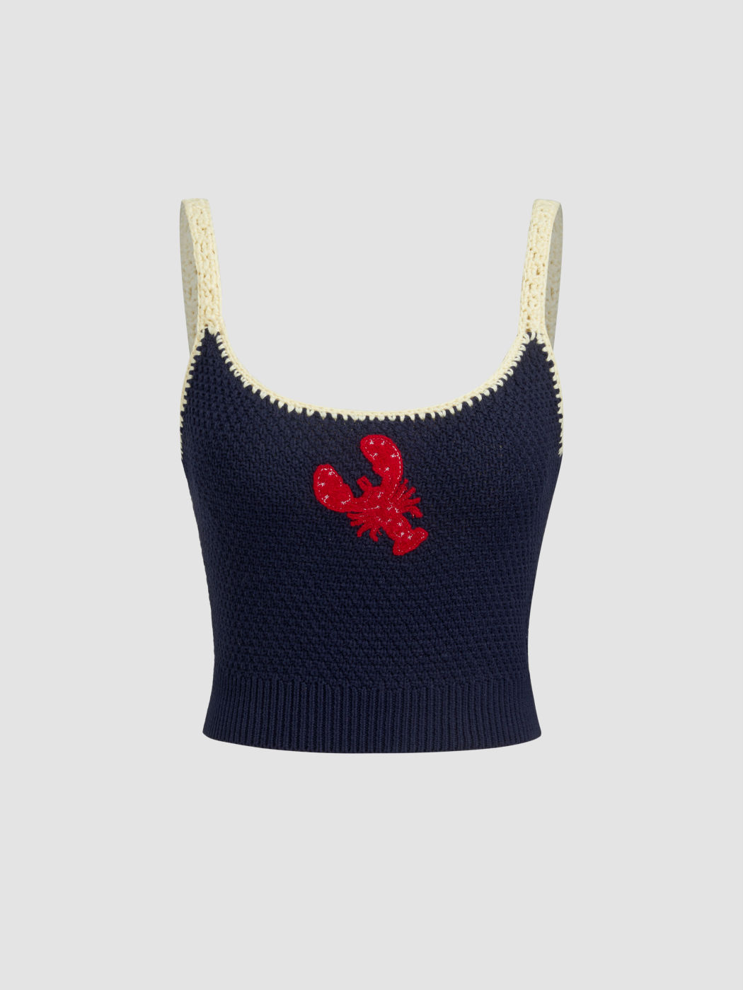 Top corto con spalline e bordo a contrasto in maglia con gamberi di fiume
