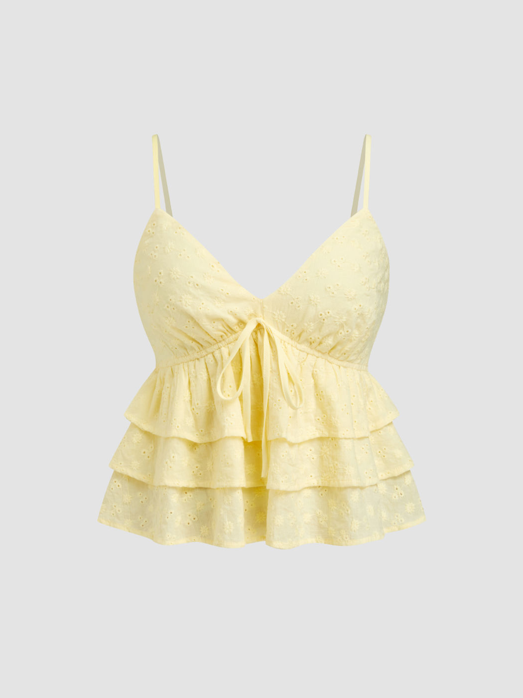 Top Cami Crop a strati arricciati e annodati in Broderie Anglaise di cotone