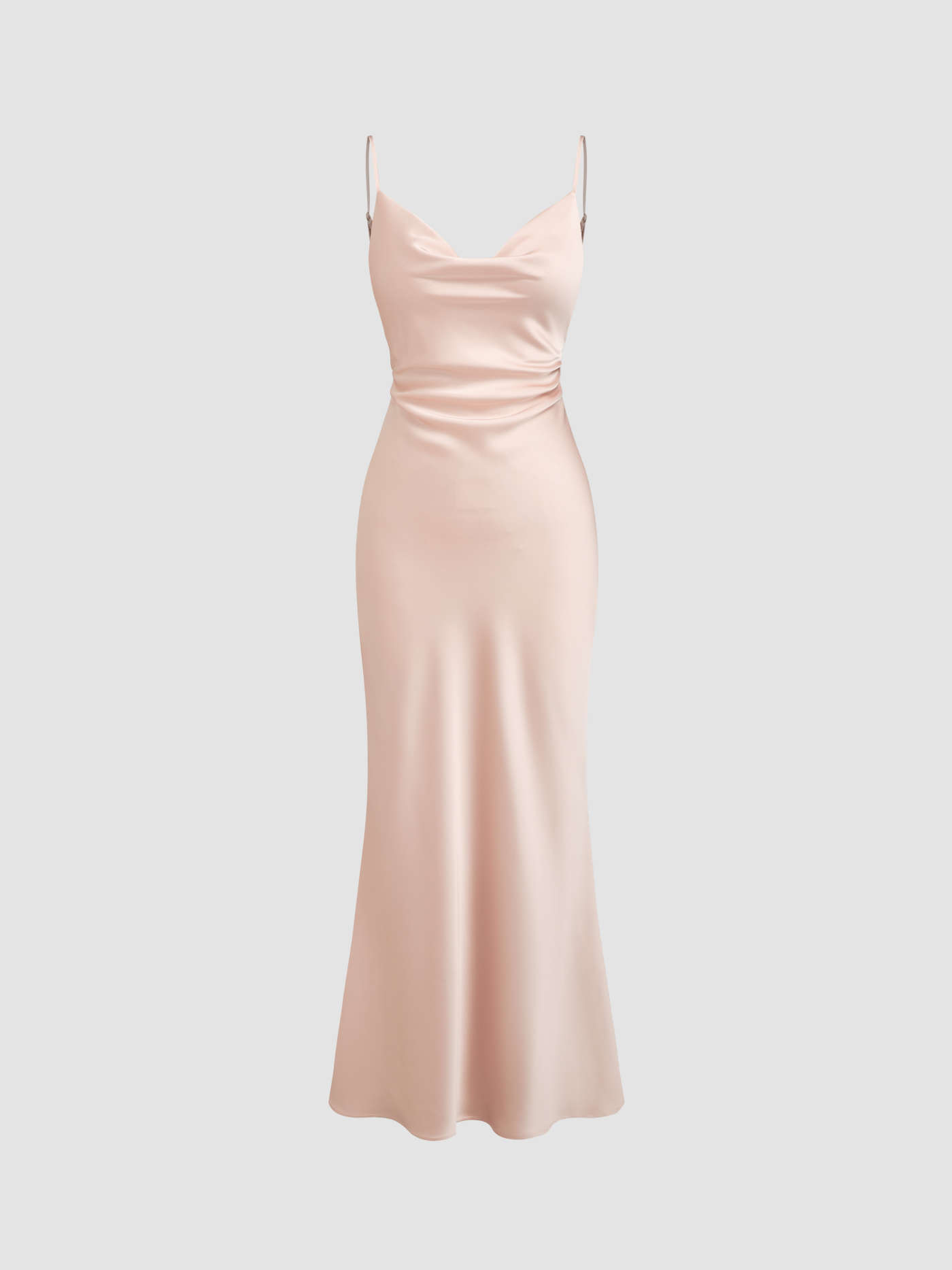Stain Cowl Neck Ruched Backless Chain Detail Maxi Dress