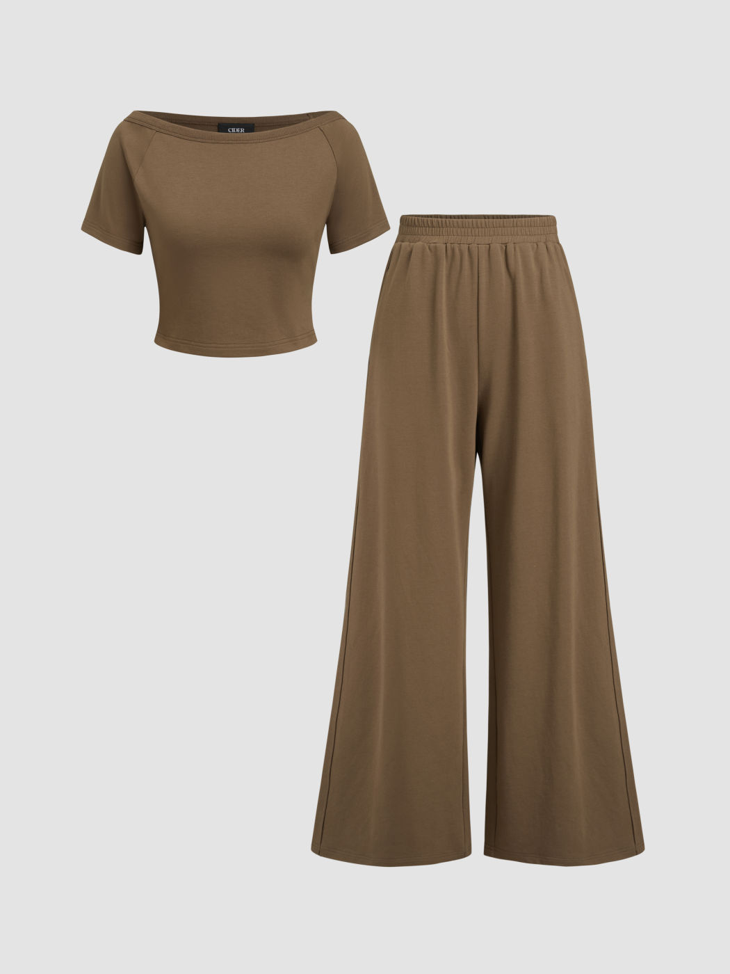 Cotton-blend Boat Neck Crop Tee & Mid Rise Wide Leg Trousers Set