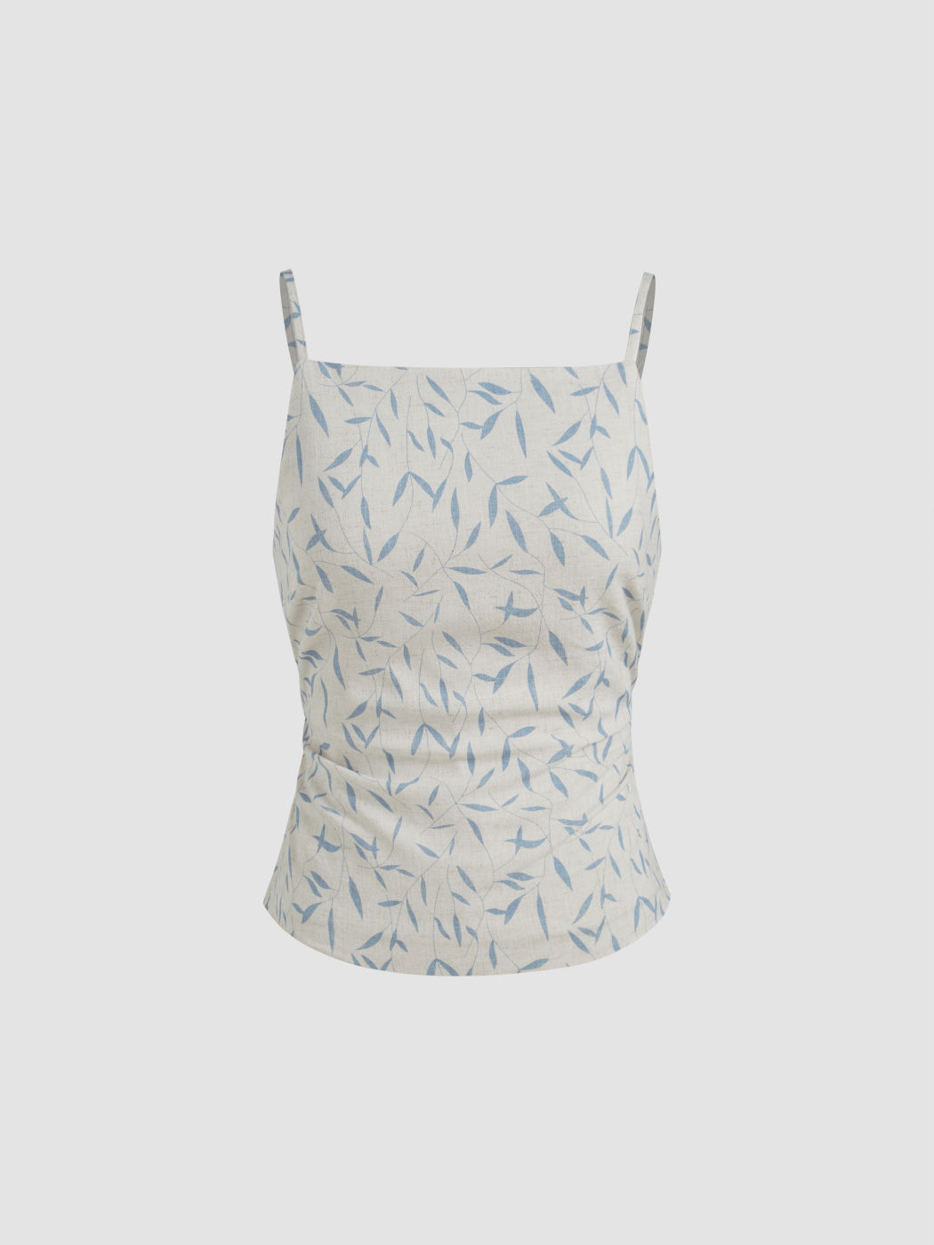 Linen-blend Square Neck Leaf Ruched Cami Top