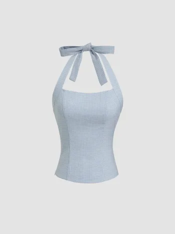 Linen-blend Halter Neckline Houndstooth Knotted Tank Top