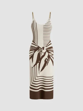 Knit Striped Knotted Pattern Split Chain Cami Midi Dress