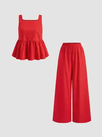 Set aus Leinen-Mischung Tank-Top mit quadratischem Halsrand, Übergröße und Spitzenkragen und Breitbein-Hosen