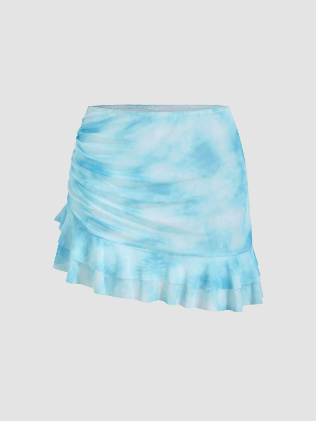 Mesh Ruched Asymmetrical Lettuce Hem Cover Up Skirt 
