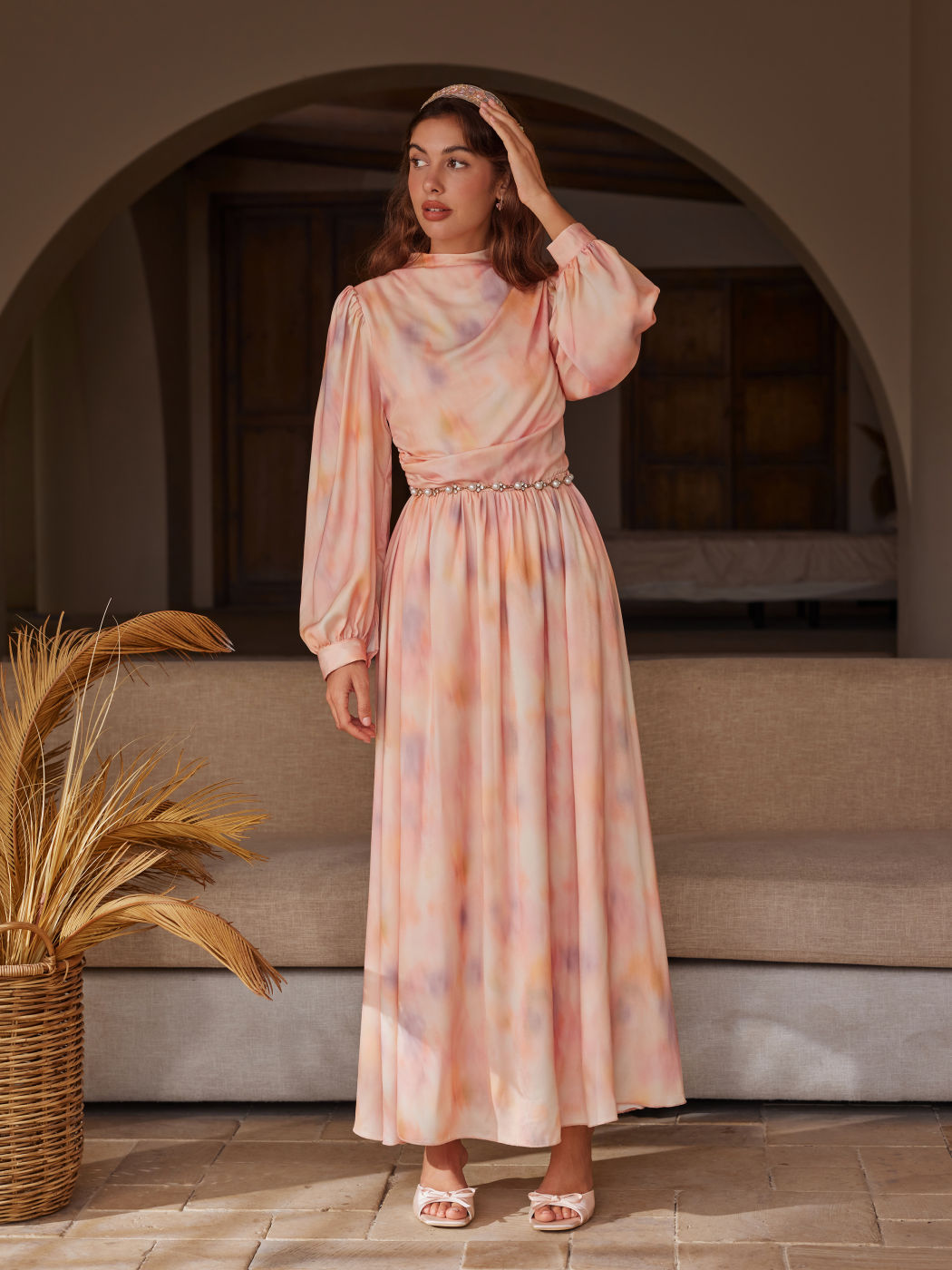 Satin Stand Collar Gradient Ruched Ruffle Lantern Sleeve Maxi Dress