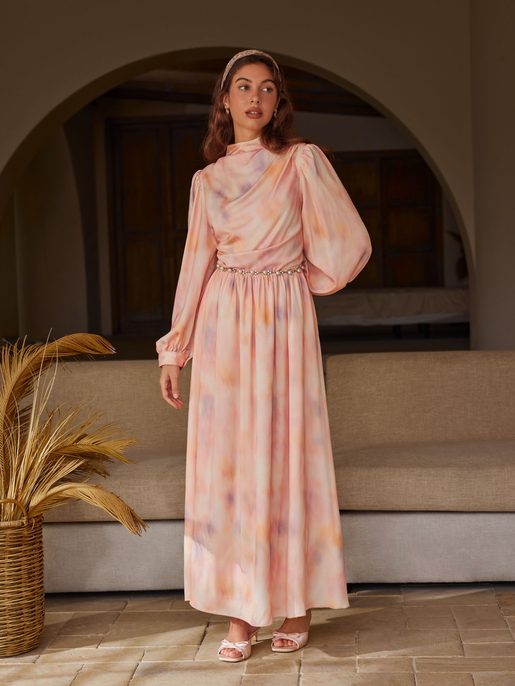 Satin Stand Collar Gradient Ruched Ruffle Lantern Sleeve Maxi Dress