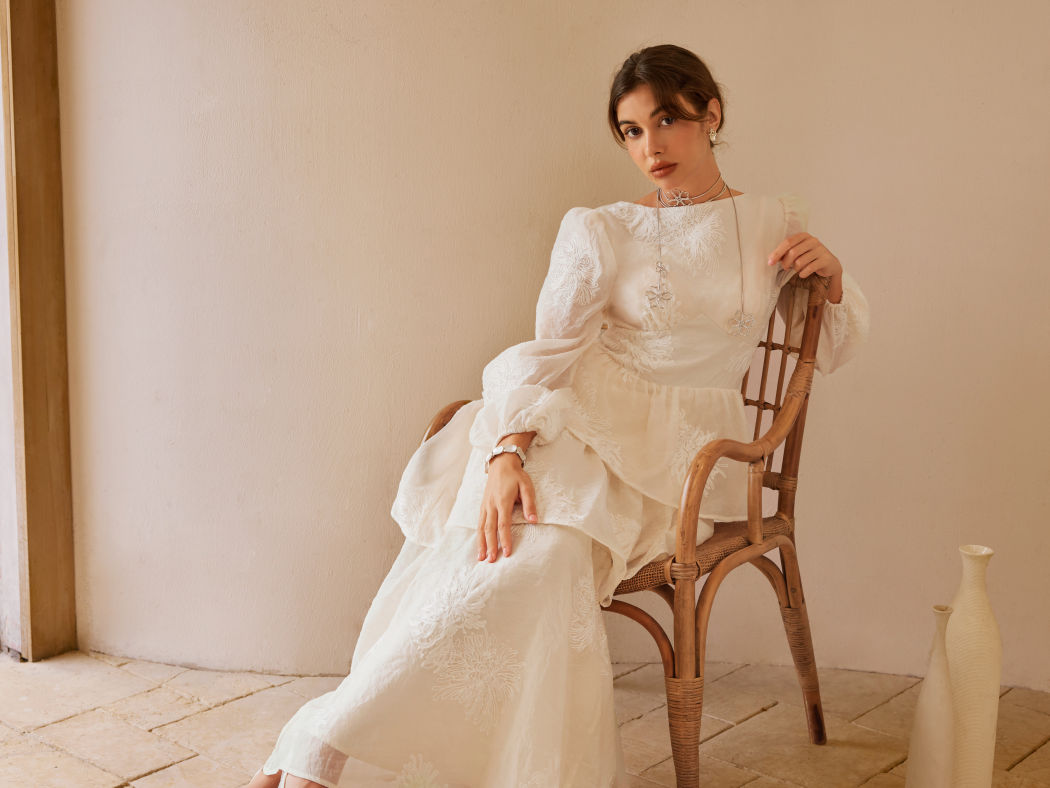 Round Neckline Floral Embroidery Layered Maxi Dress
