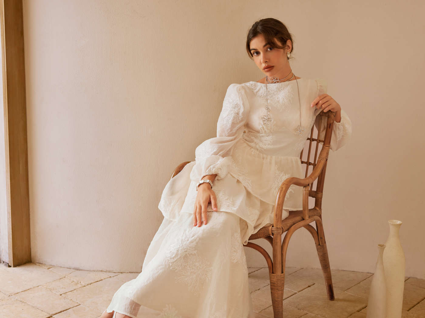 Round Neckline Floral Embroidery Layered Maxi Dress