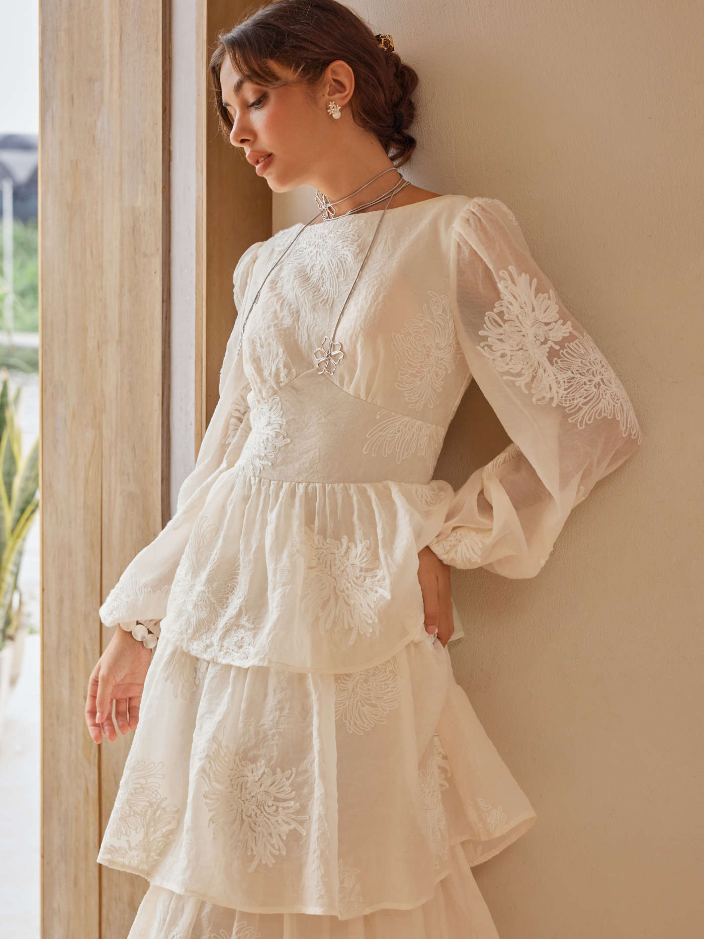 Round Neckline Floral Embroidery Layered Maxi Dress