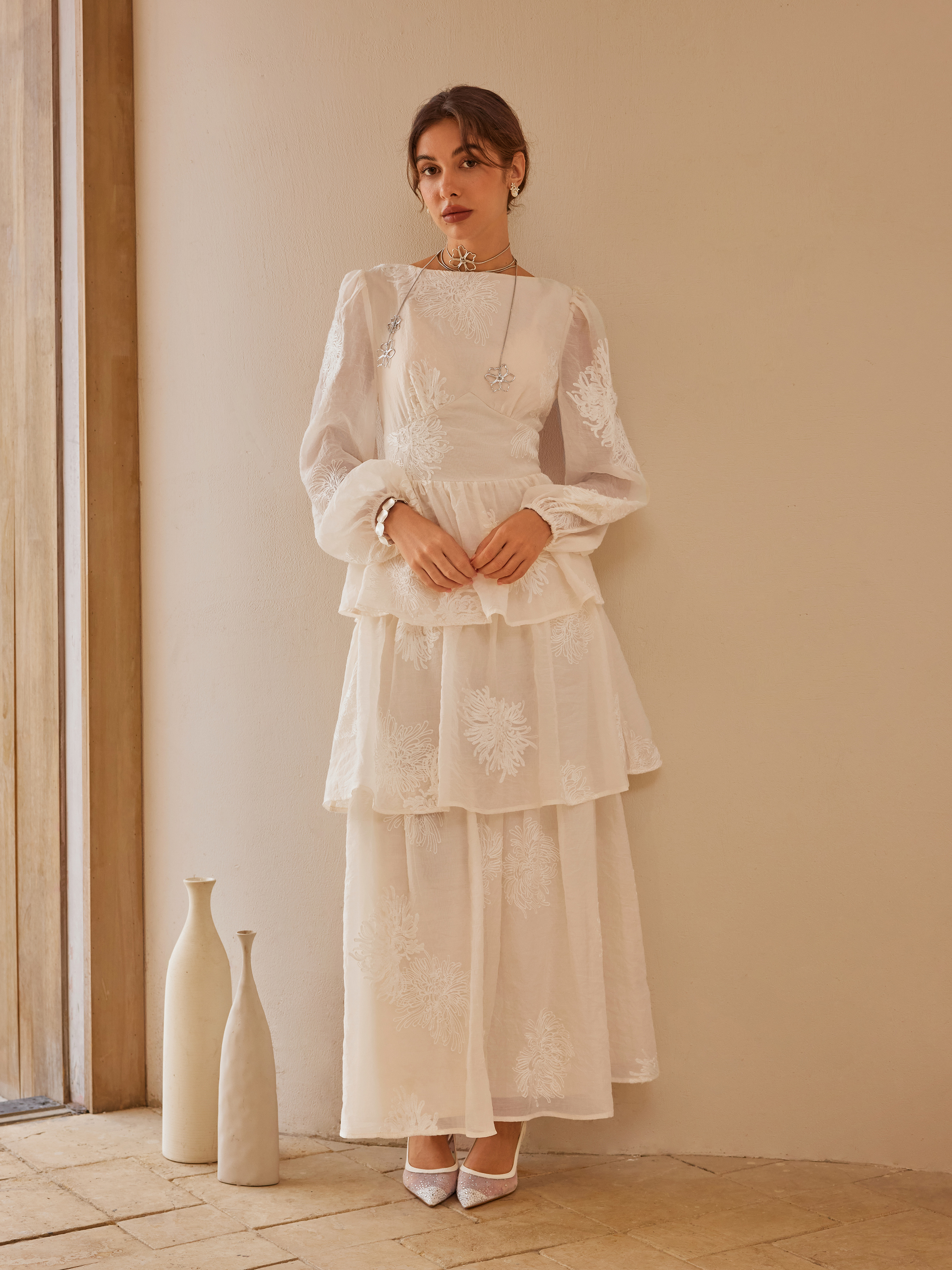 Round Neckline Floral Embroidery Layered Maxi Dress