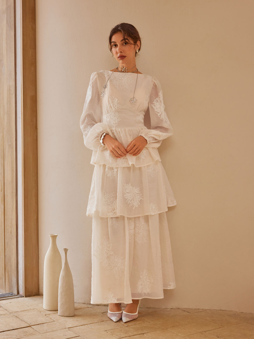 Round Neckline Floral Embroidery Layered Maxi Dress