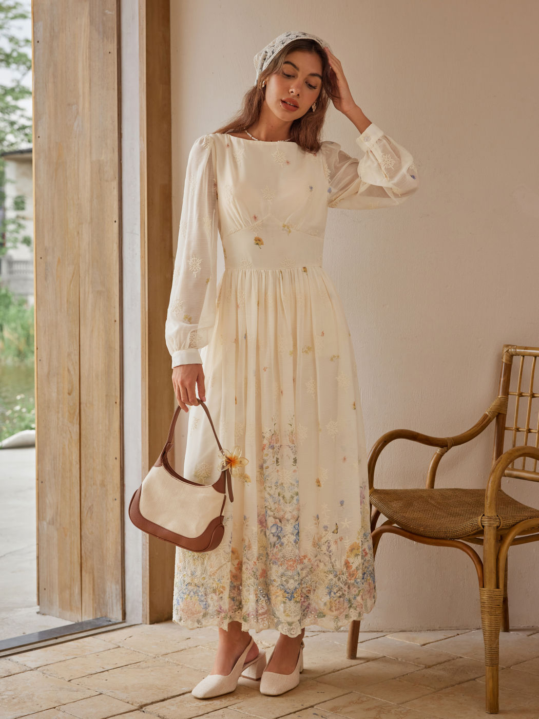 Chiffon Boat Neck Floral Embroidery Ruffle Maxi Dress