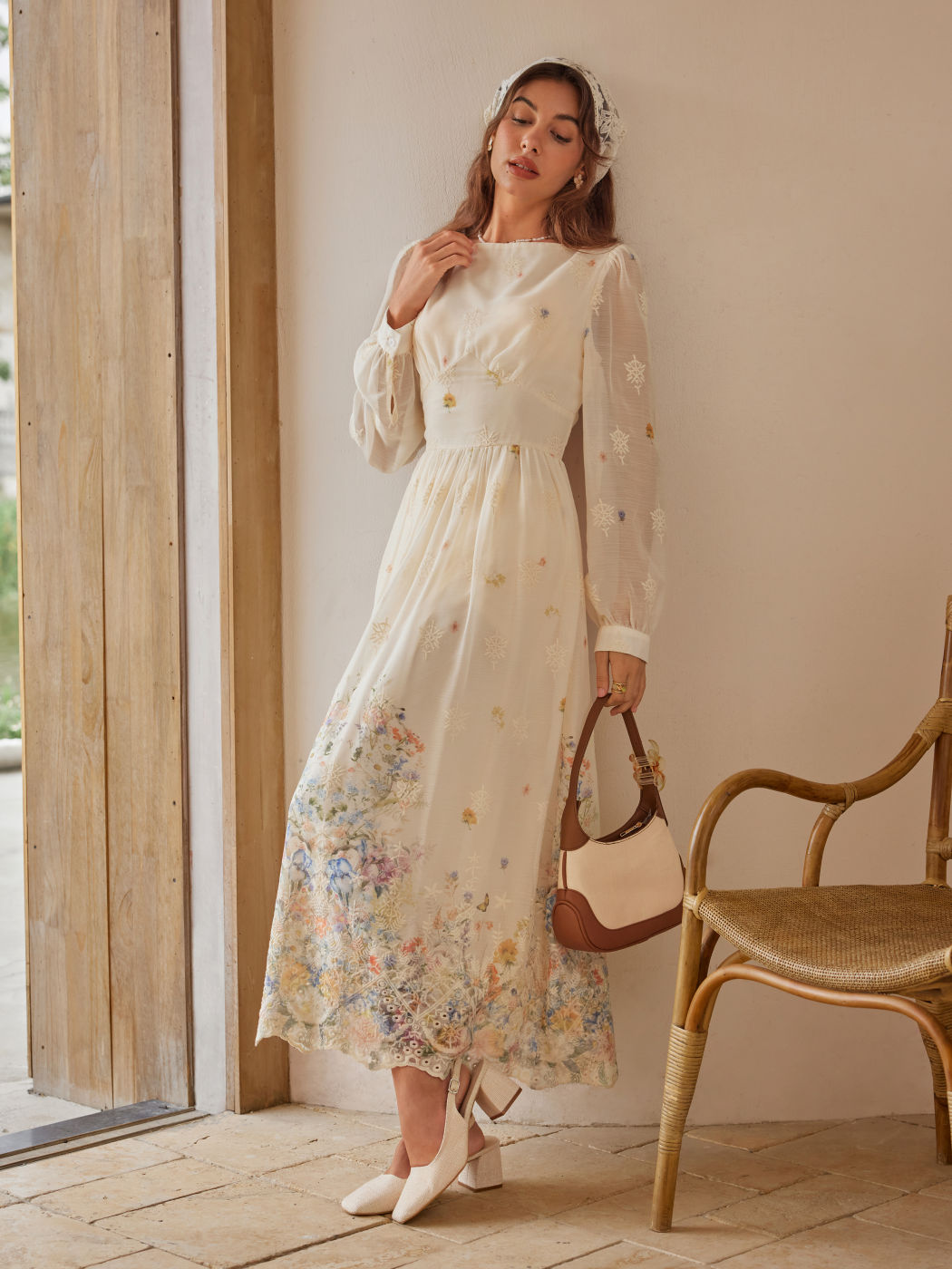 Chiffon Boat Neck Floral Embroidery Ruffle Maxi Dress