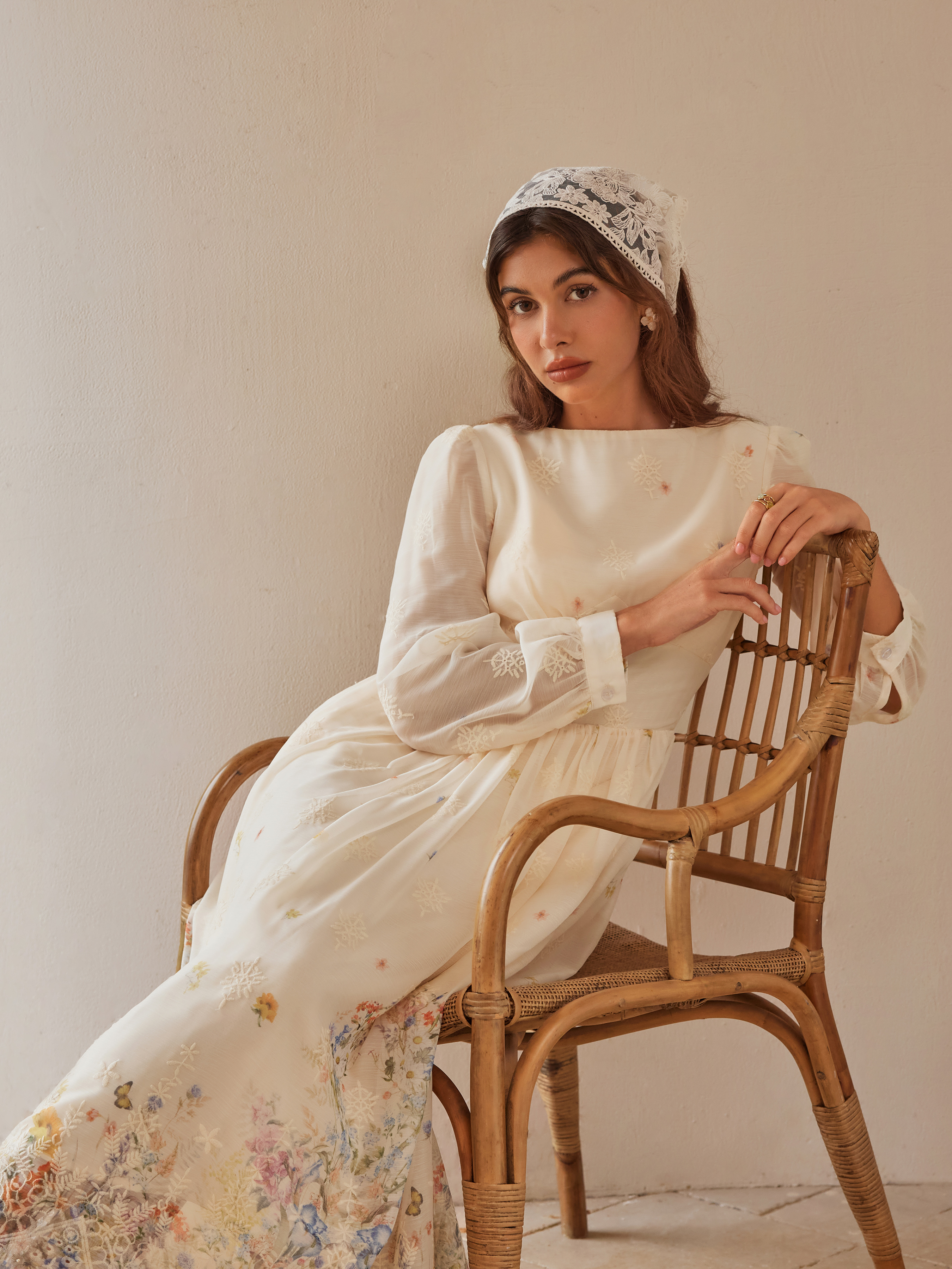 Chiffon Chiffon Boat Neck Floral Embroidery Ruffle Maxi
