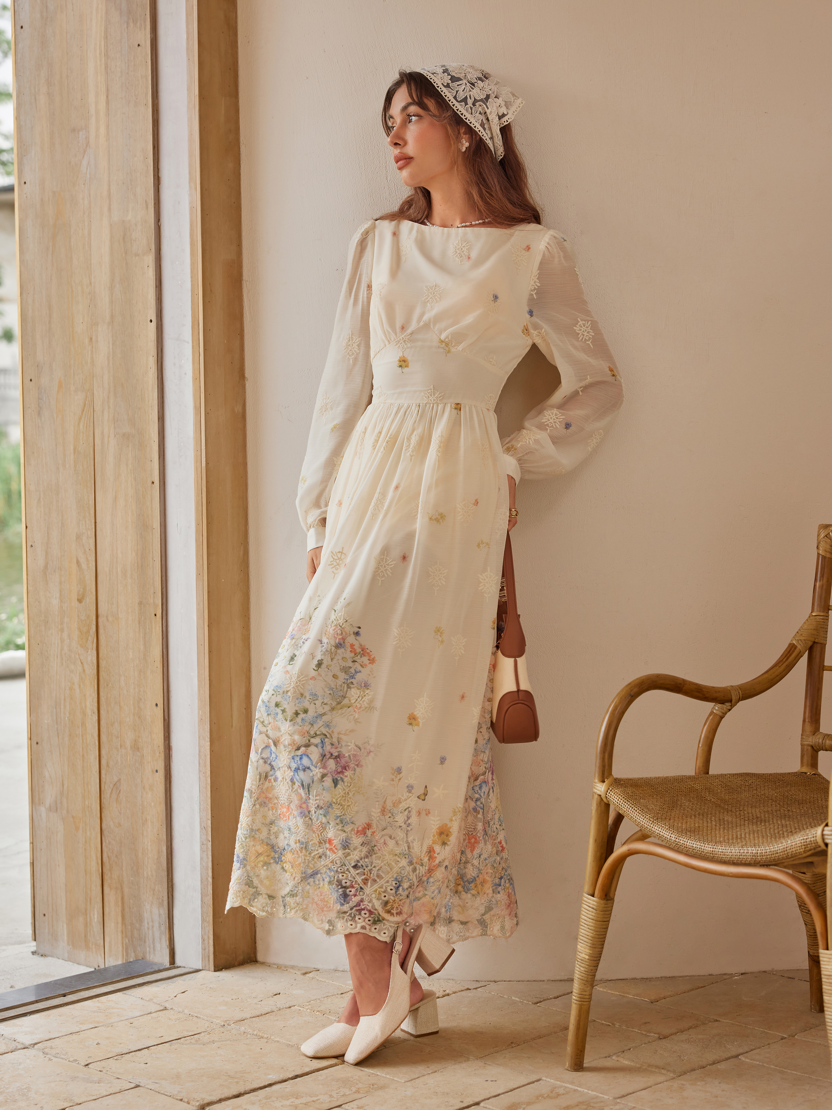 Chiffon Chiffon Boat Neck Floral Embroidery Ruffle Maxi