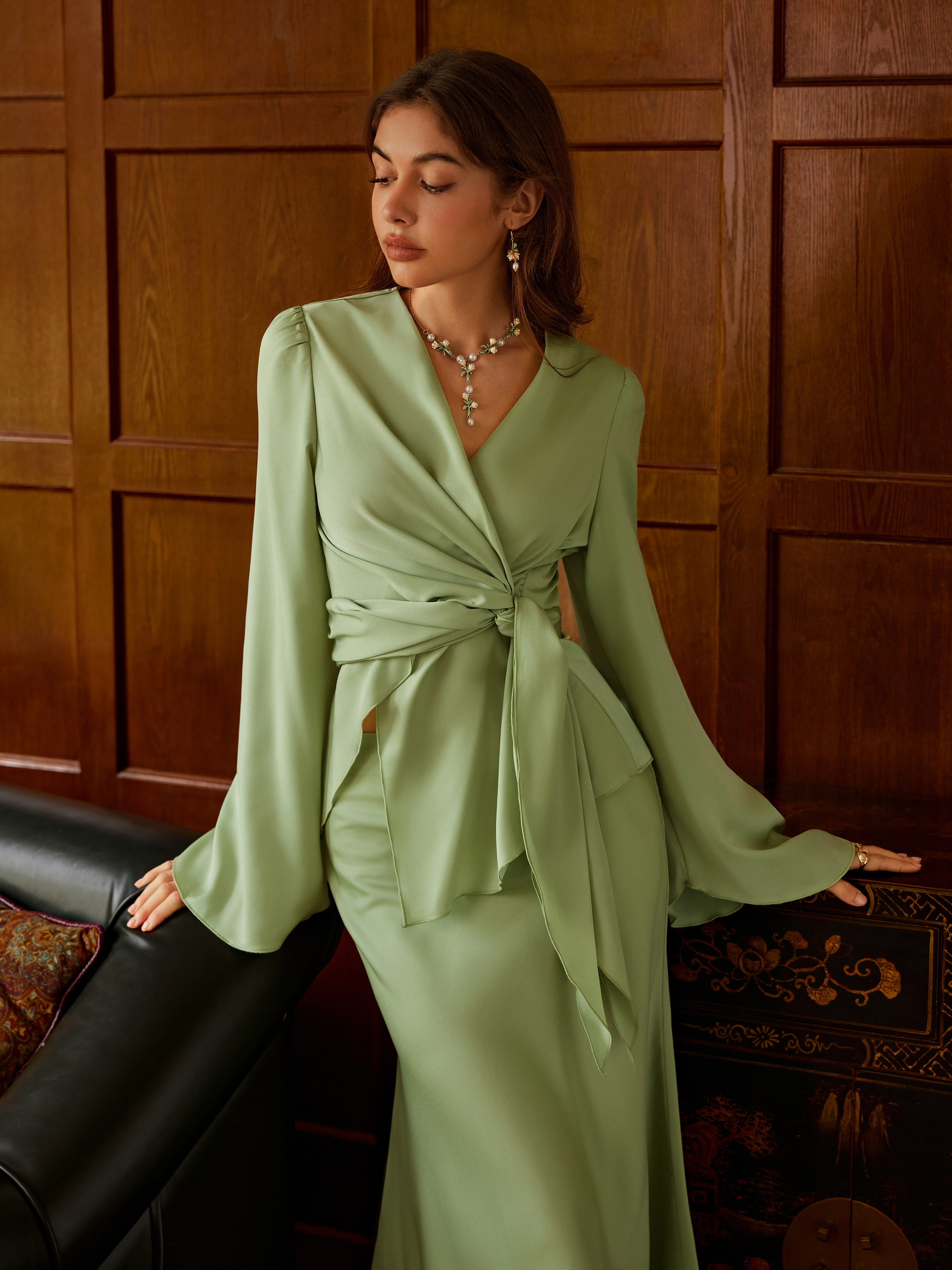 Satin V-neck Asymmetrical Hem Tie Waist Top & Mid Rise Mermaid Maxi Skirt Set