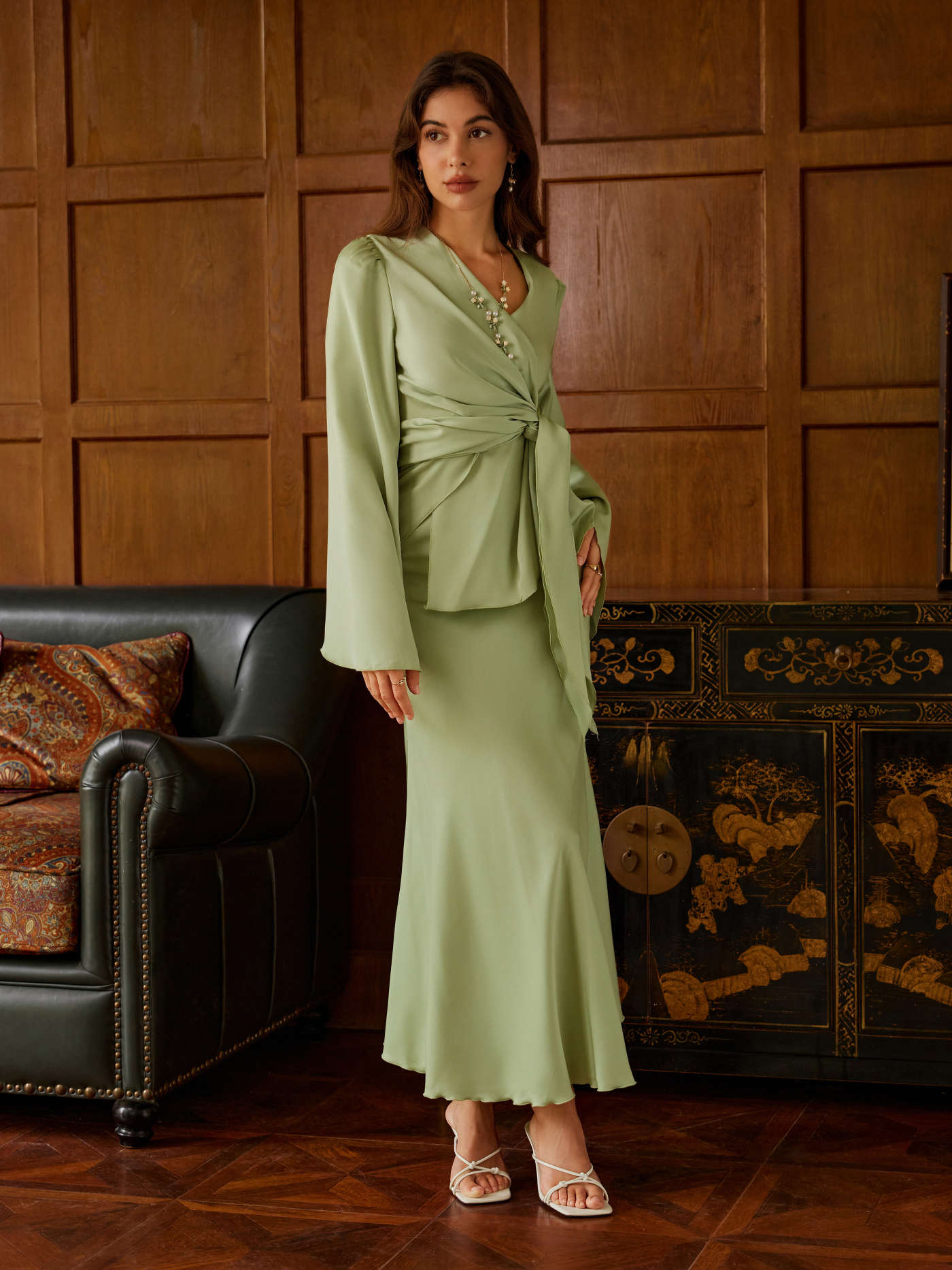 Satin V-neck Asymmetrical Hem Tie Waist Top & Mid Rise Mermaid Maxi Skirt Set