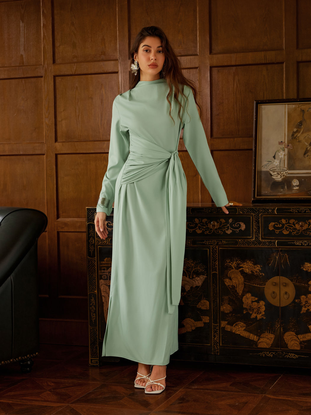 Satin Stand Collar Ruched Draped Maxi Dress