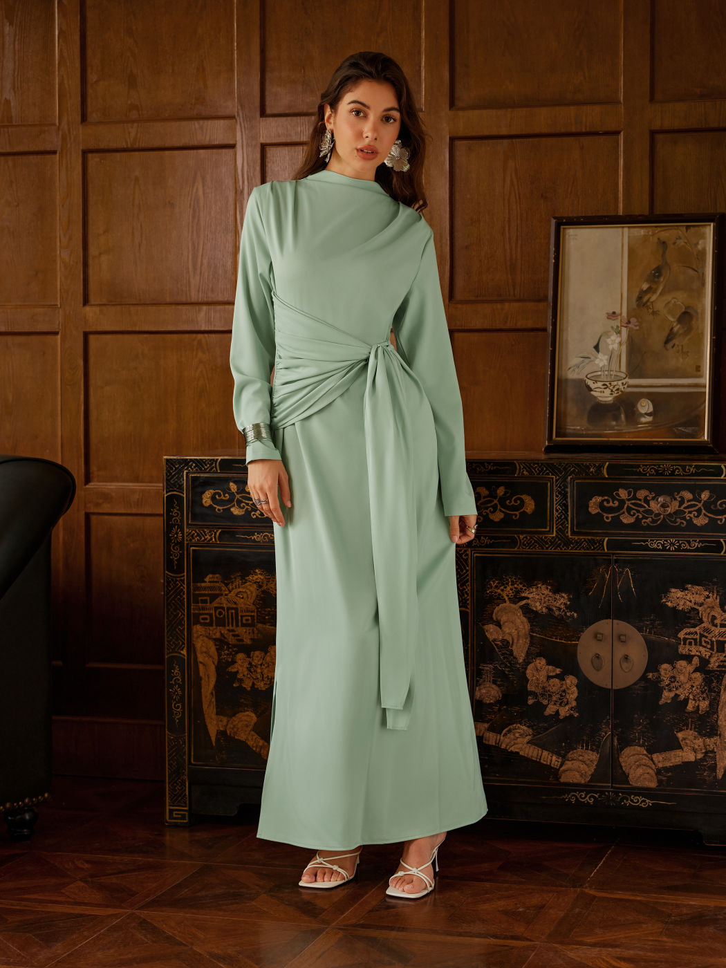 Satin Stand Collar Ruched Draped Maxi Dress