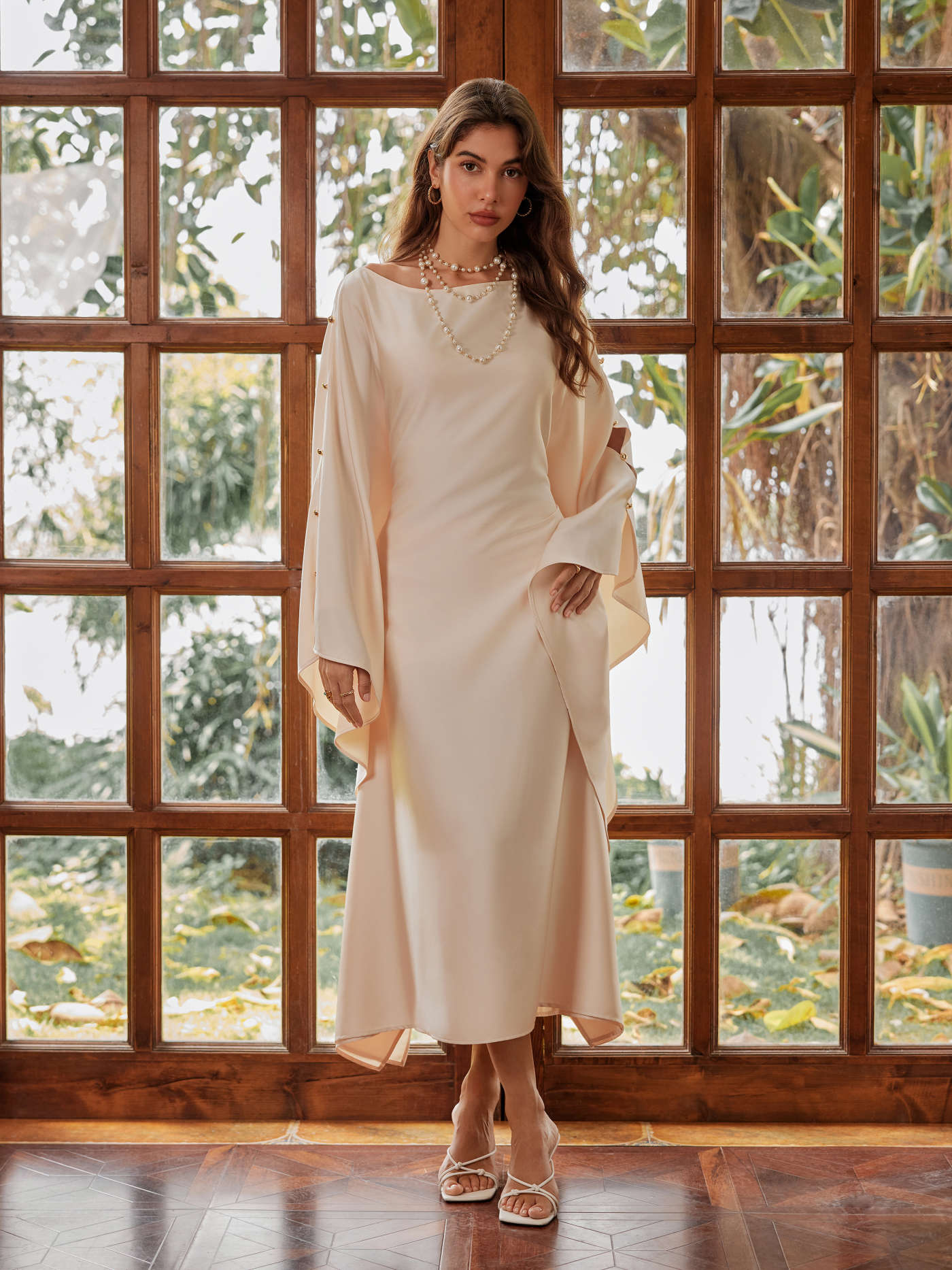Satin Round Neckline Button Dolman Sleeve Maxi Dress
