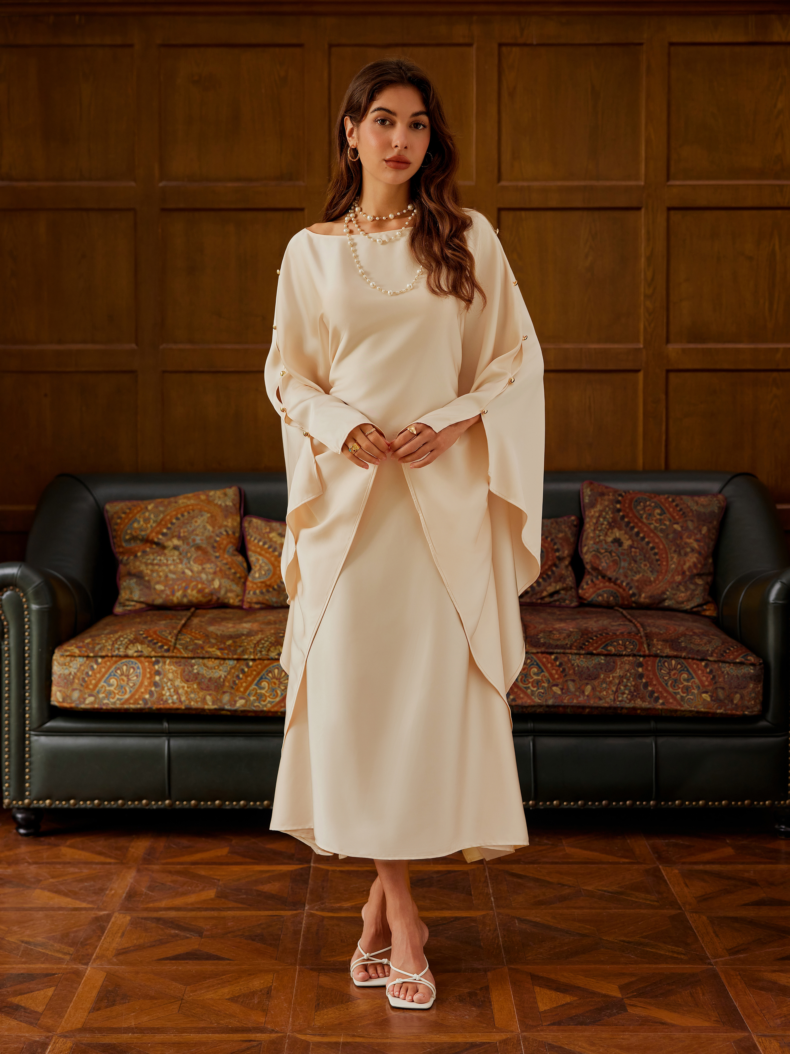 Satin Round Neckline Button Dolman Sleeve Maxi Dress