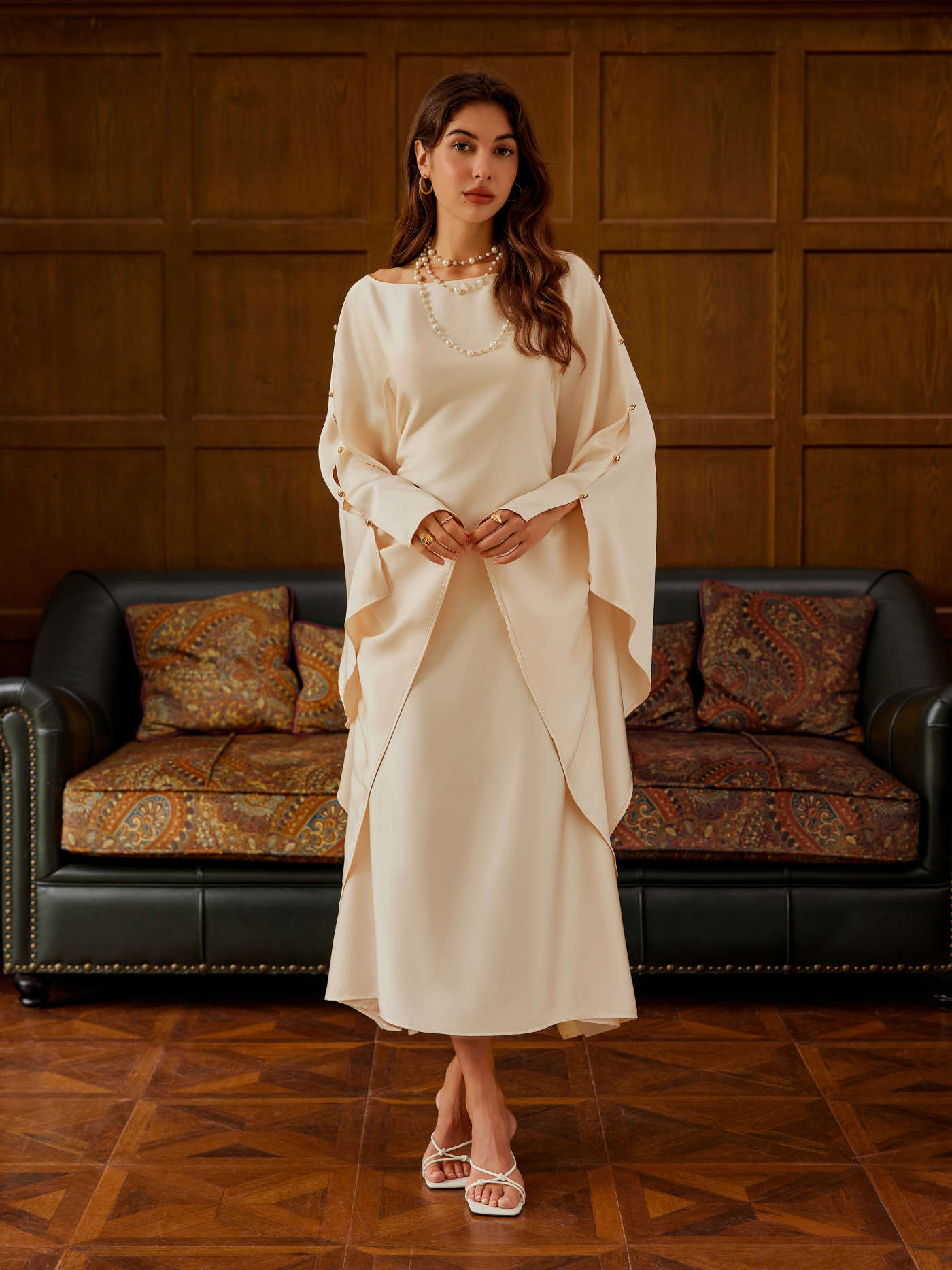 Satin Round Neckline Button Dolman Sleeve Maxi Dress