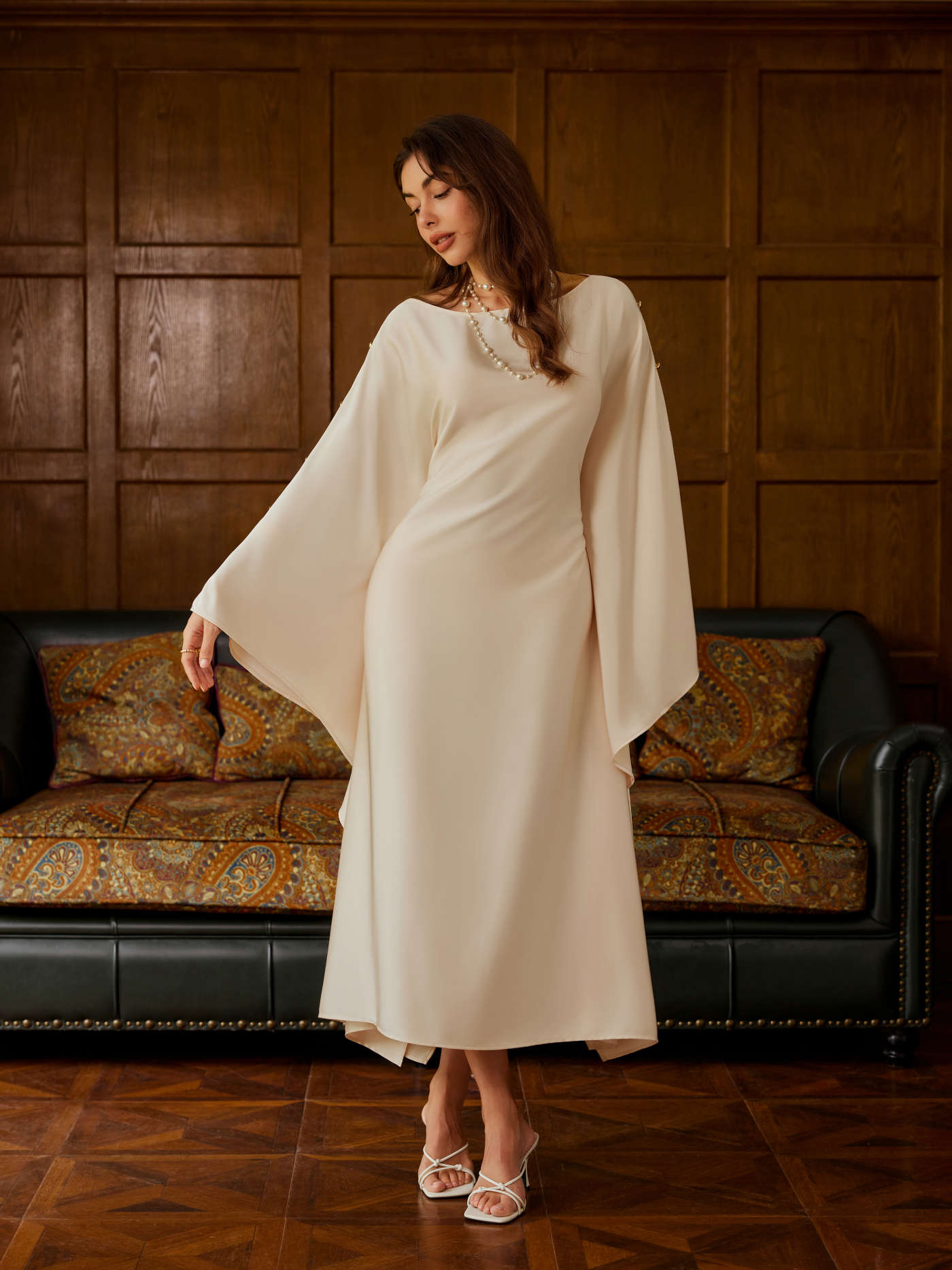 Satin Satin Round Neckline Button Dolman Sleeve Maxi Dress For Daily Casual