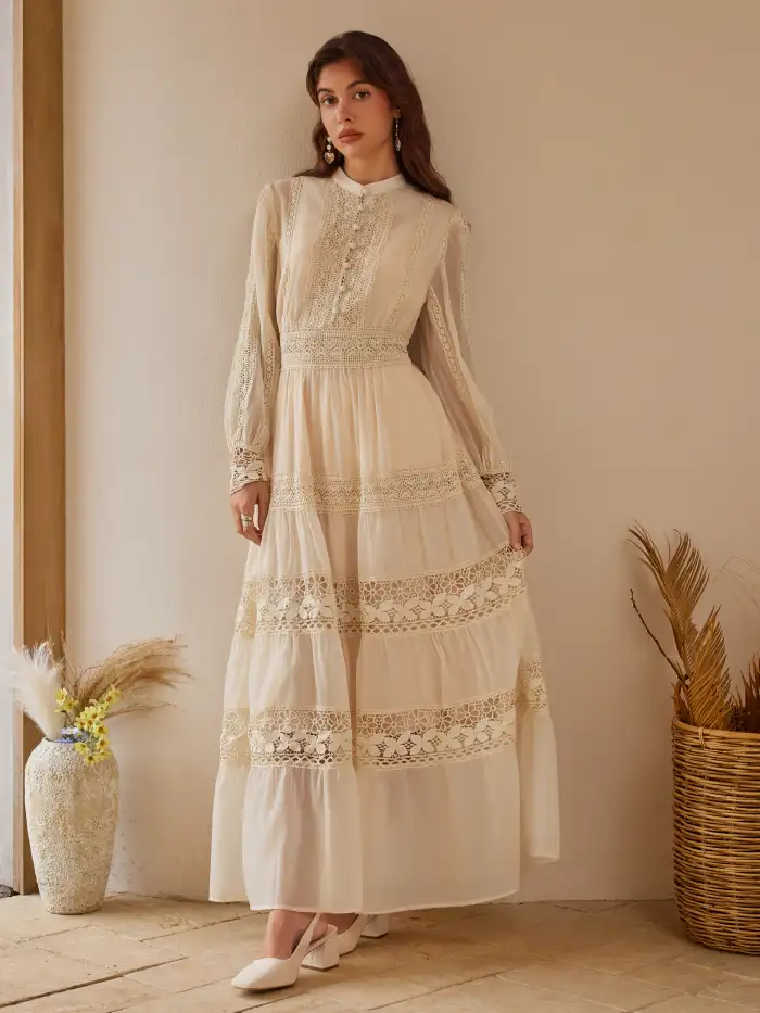 Woven Stand Collar Embroidery Hollow Out Tie Back Knotted Lantern Sleeve Maxi Dress For Daily Casual Woven Stand Collar Embroidery Hollow Out Tie Back Knotted Lantern Sleeve Maxi Dress For Daily Casual