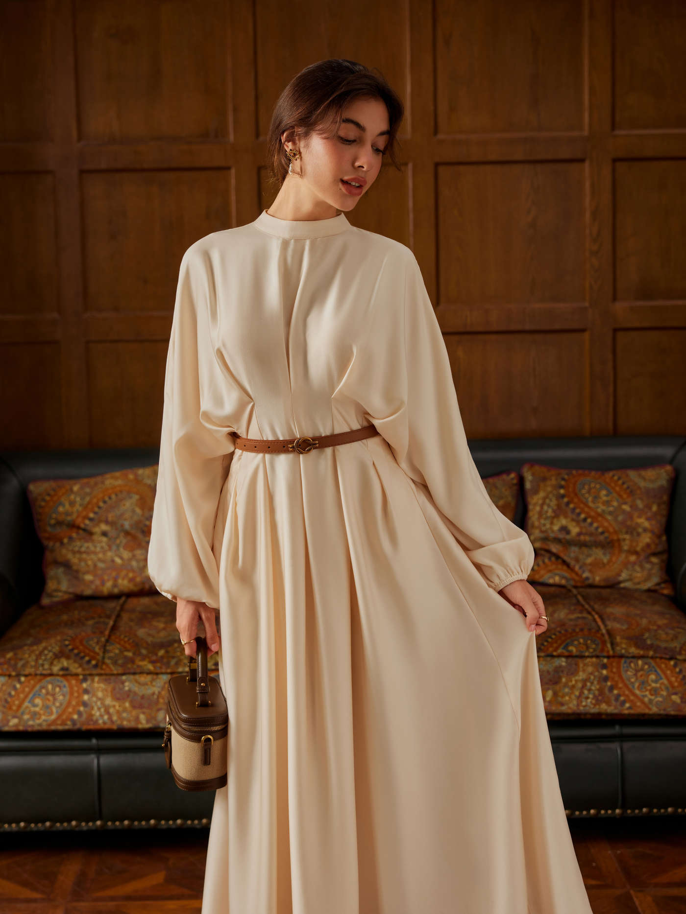 Woven Stand Collar Pleated Cinched Waist Long Sleeve Maxi Dress For Daily Casual