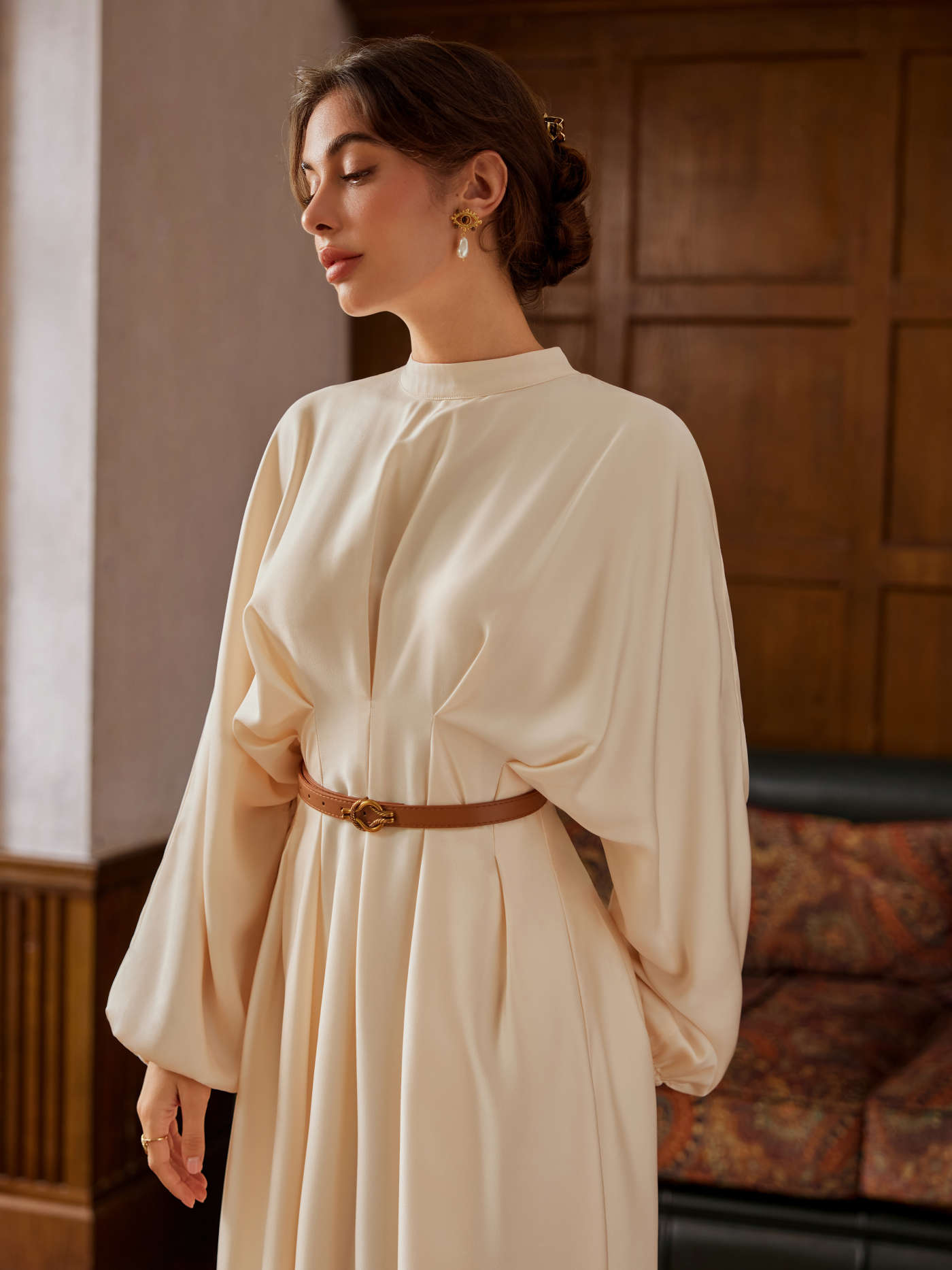 Woven Stand Collar Pleated Cinched Waist Long Sleeve Maxi Dress For Daily Casual