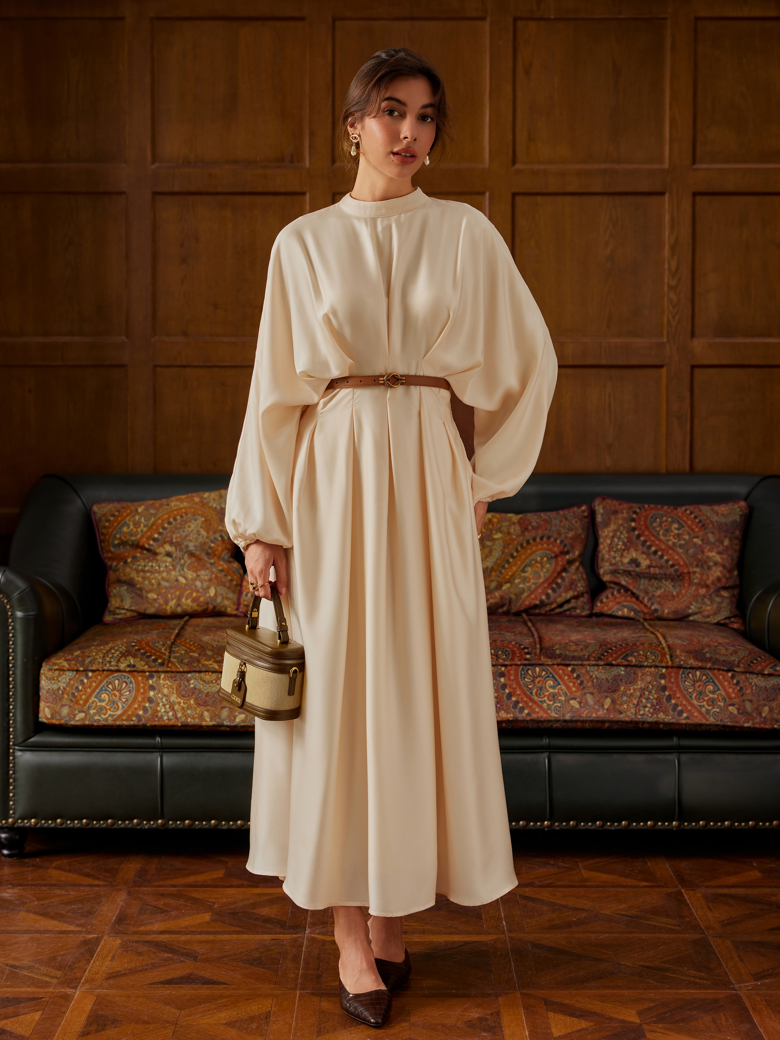 Woven Stand Collar Pleated Cinched Waist Long Sleeve Maxi Dress For Daily Casual
