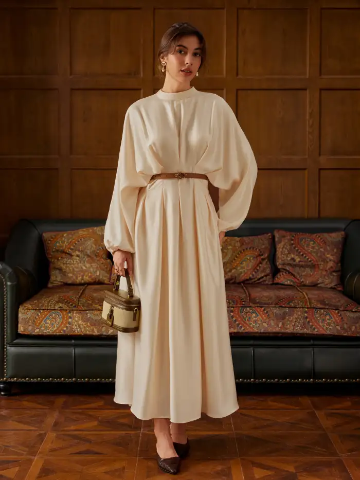 Woven Stand Collar Pleated Cinched Waist Long Sleeve Maxi Dress For Daily  Casual