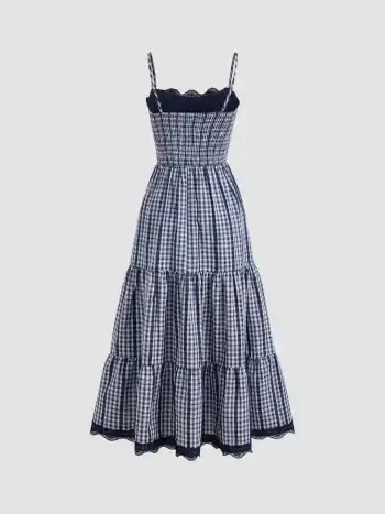 Baumwollmischung Gingham Spitzenrandiges Geschichtet Shirred Maxikleid