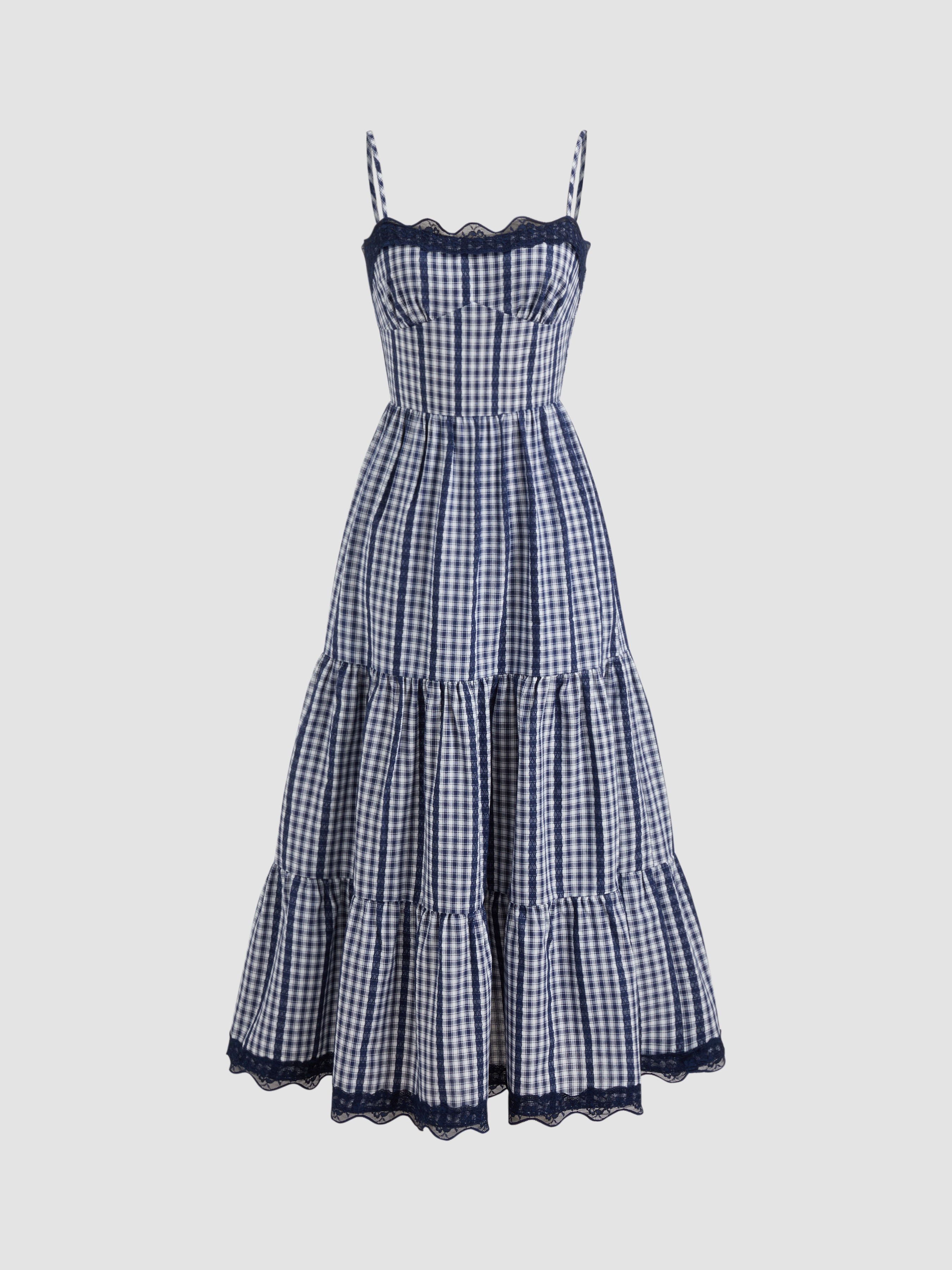Cotton-blend Gingham Lace Trim Tiered Shirred Maxi Dress