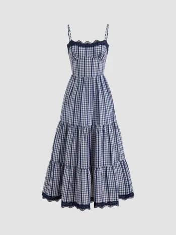 Baumwollmischung Gingham Spitzenrandiges Geschichtet Shirred Maxikleid
