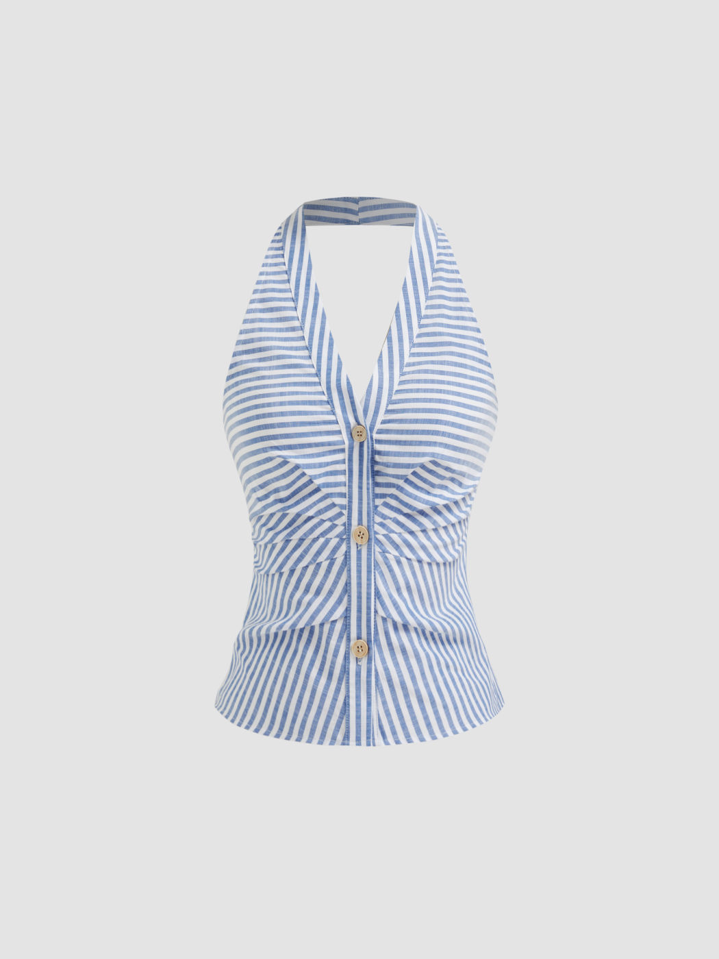Cotton-blend Halter V-neck Stripe Ruched Blouse