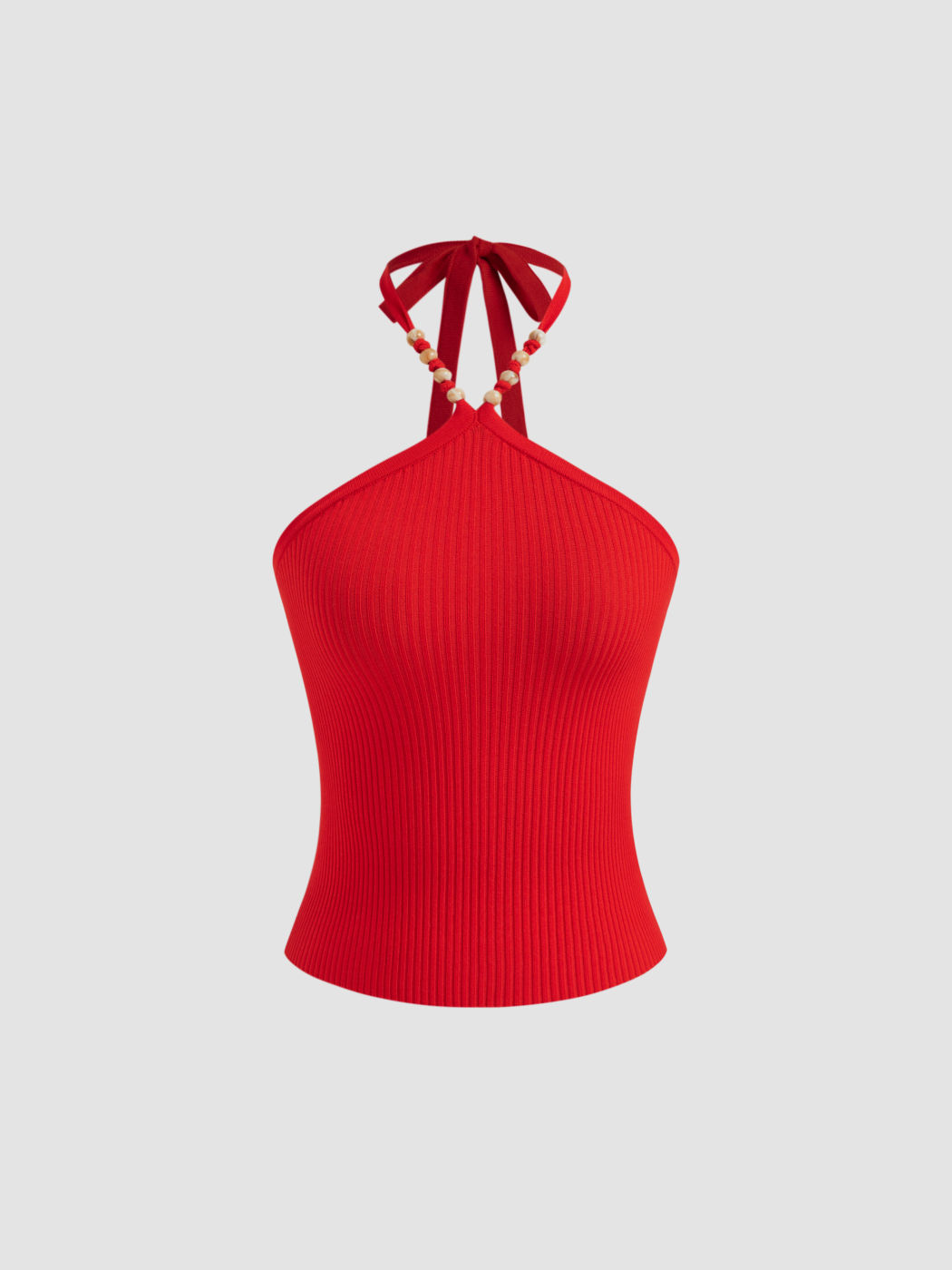 Knitted Halter Neckline Rib Knotted Beaded Top