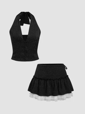 Halter V-Ausschnitt Punkte Crop Top & Mittelhohe Spitze Mini Skort Set