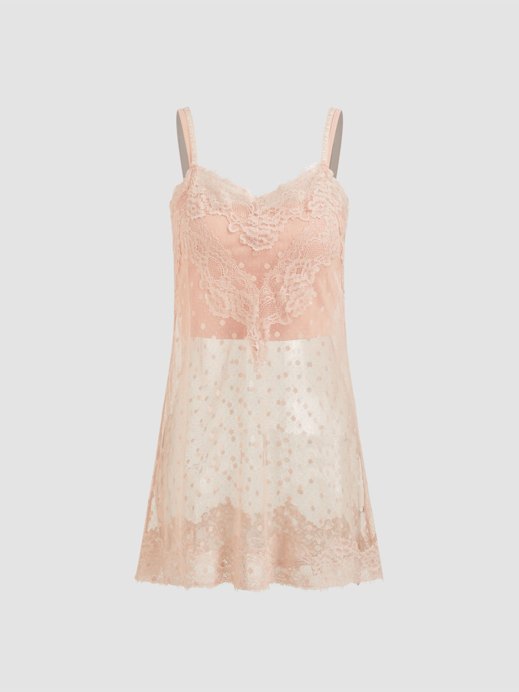 Set di due pezzi con top in pizzo con scollo a V in rete e top corto a tinta unita con spalline