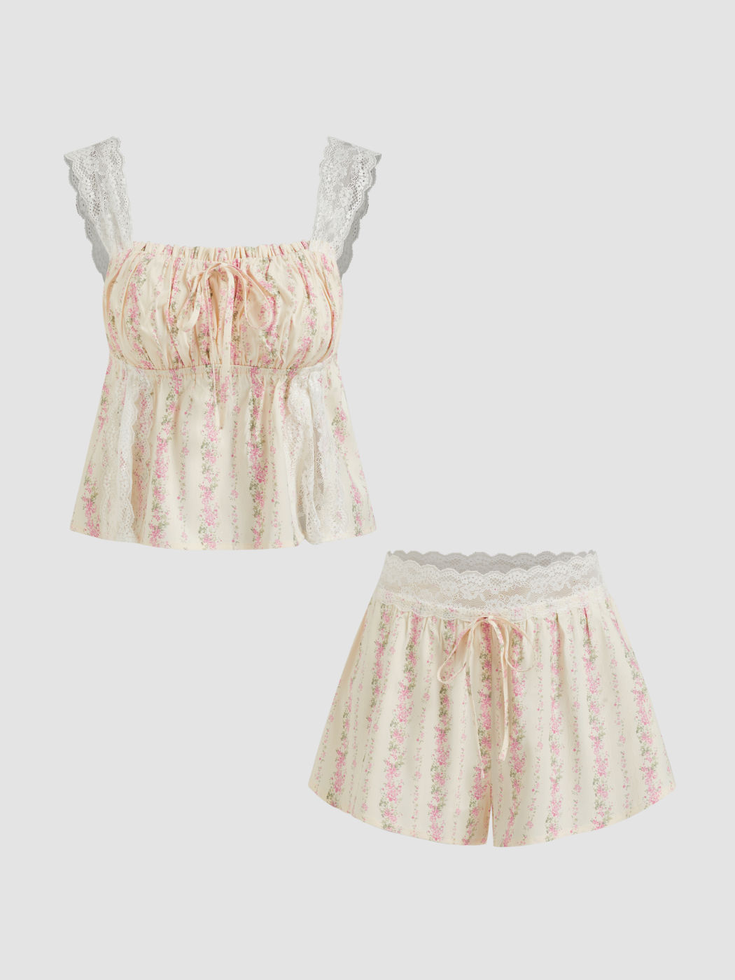 Square Neck Floral Lace Trim Knotted Oversized Top & Mid Rise Shorts Loungewear Set