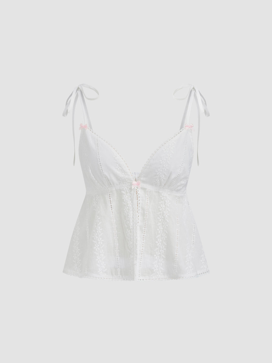100% Cotton V-neck Broderie Anglaise Bowknot Cami Top & Mid Rise Shorts Loungewear Set