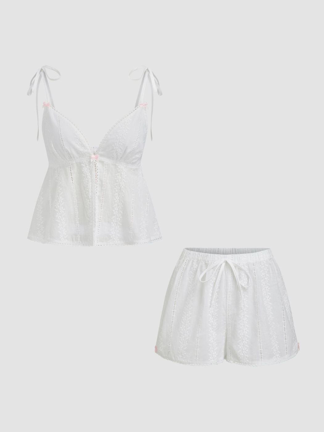100% Cotton V-neck Broderie Anglaise Bowknot Cami Top & Mid Rise Shorts Loungewear Set