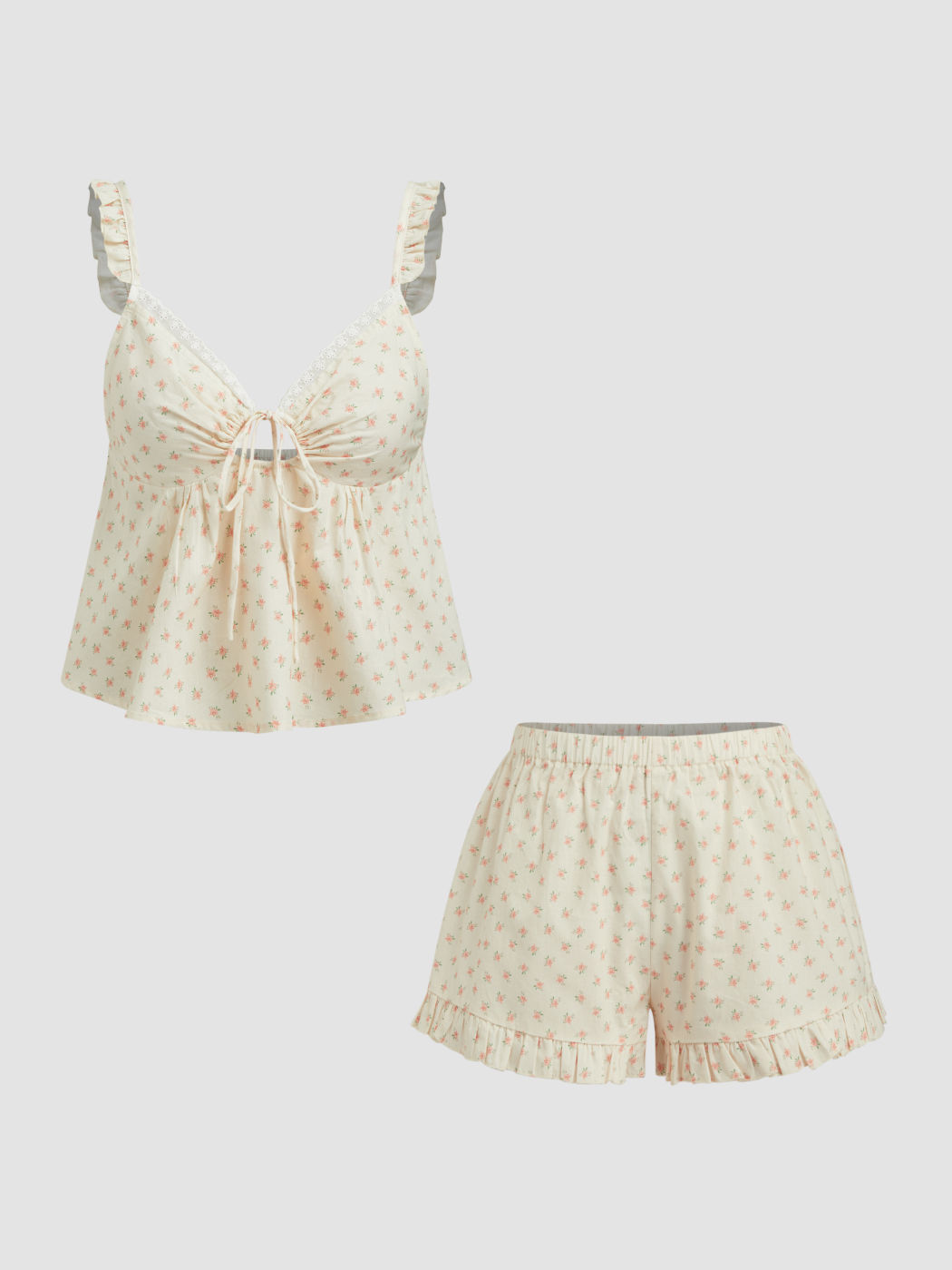 100% Cotton V-neck Floral Cut Out Knotted Lace Lettuce Trim Top & Mid Rise Shorts Loungewear Set