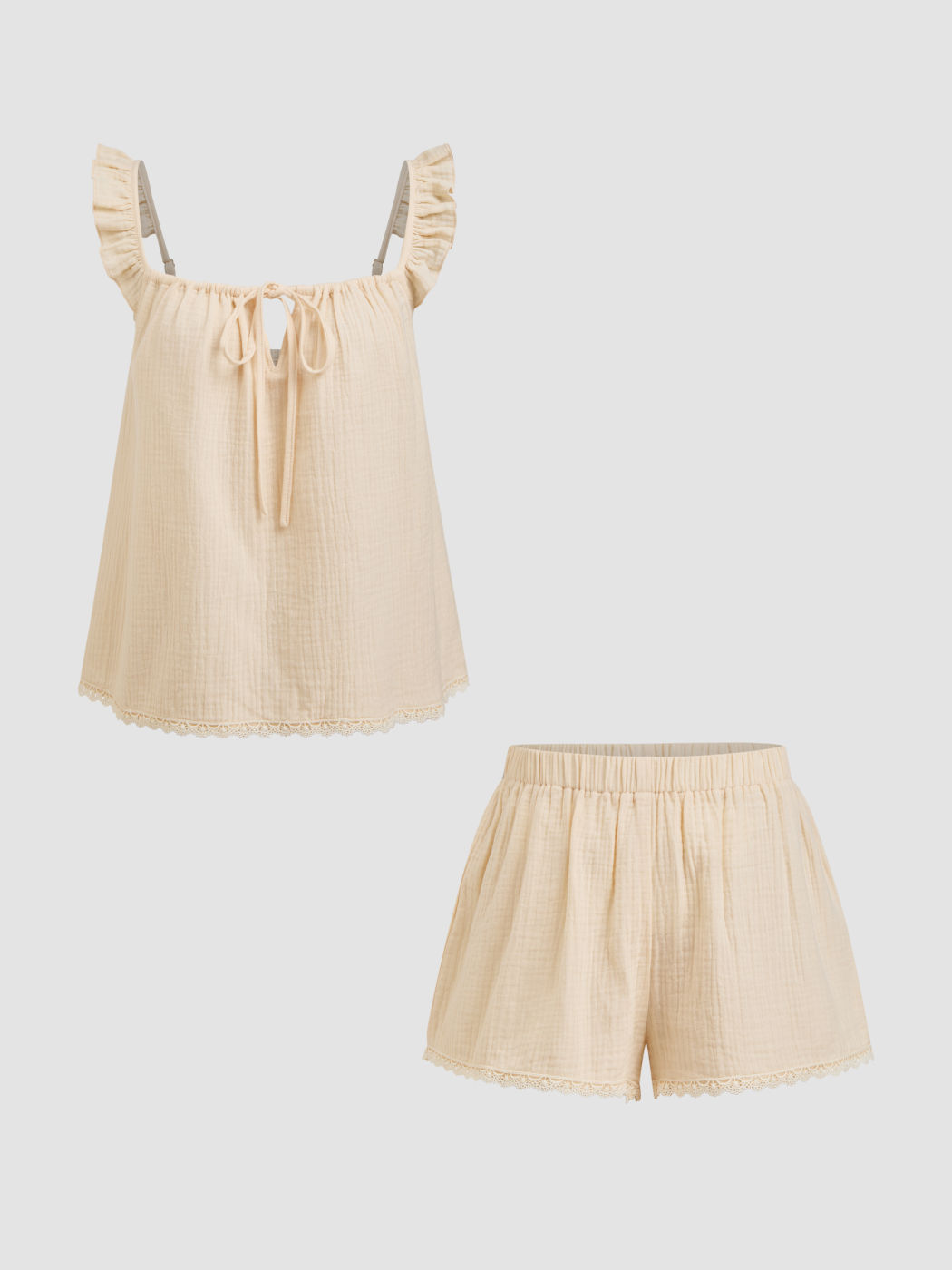 100% Cotton Square Neck Cut Out Knotted Lettuce Trim Top & High Rise Lace Trim Shorts Loungewear Set