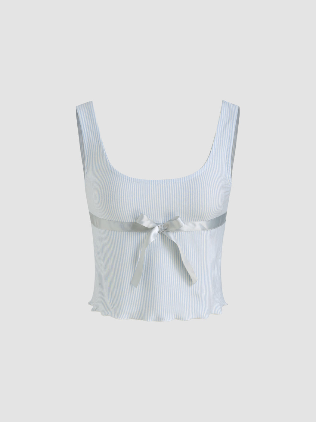 Cotton-blend U-neckline Stripe Bowknot Lettuce Trim Tank Top & Mid Rise Shorts Loungewear Set